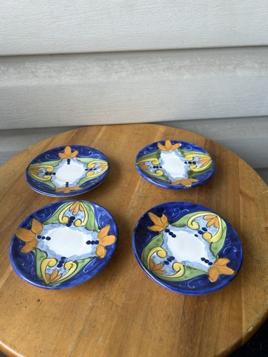 Mexican Art Pottery Floral Scrolls Hand Painted Pottery Dishes 4.25"-Set Of 4
