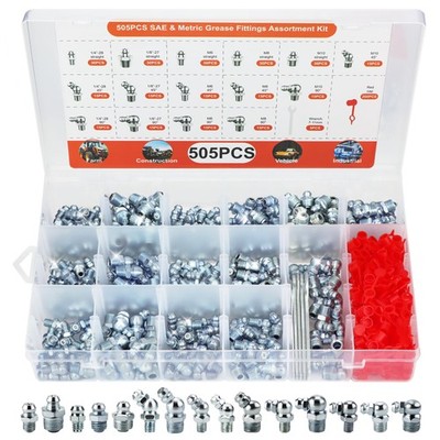 505 PCS Grease Fittings Kit, Metric & SAE Hydraulic Zerk Assortment 1/4'' 1/8''...