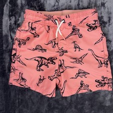 Cat Jack Boys Swim Trunks Dinosaur Print Coral Pink Mesh Lined Size XS 4/5