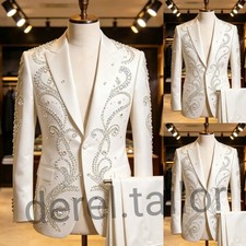 Beaded Rhinestones Men Suits Luxury Groom Outfit Wedding Prom Party Banquet