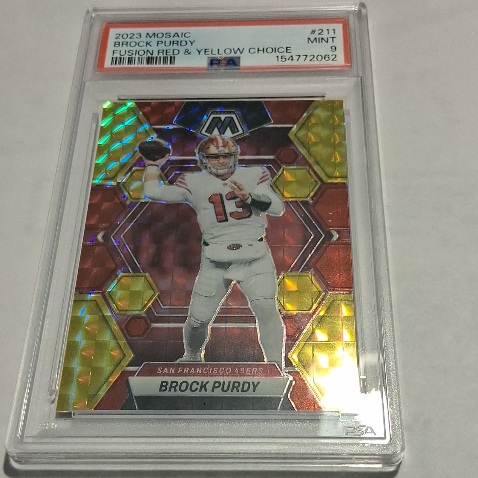 Panini 2023 Mosaic Brock Purdy #211 Choice Fusion Red & Yellow /80 PSA 9 view 2