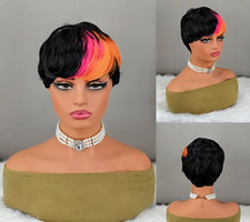 Short Pixie Cut Wig with Pink  Orange Bangs - Synthetic Hair
