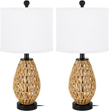 Coastal Rattan Table Lamps Set of 2 with USB Charging Ports - 24" Bedside Decor