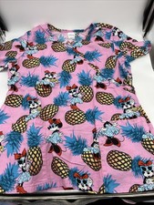 Disney Scrub Top SZ M Pink Minnie Mouse Pineapples Womens Nurse Aide Caregiver