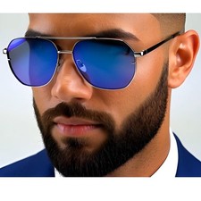 Blue Mirror Flat Lens Sunglasses Gold Frame UV400 Protection Men Shades Gafas