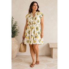OPHELIA ROE Lemon Print Blouson Mid Dress 2X Cap Sleeves Euro Summer Vacation