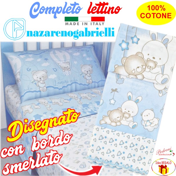 Lenzuola Lettino Neonato 60x120 cm Stampato Azzurro Cotone Set 3 Pezzi Nazareno