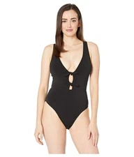 Robin Piccone L60355 Womens Black Ava Plunge Front Knots One-Piece Size 12