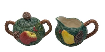 Fitz & Floyd Woodland Holiday 1991 Creamer and Sugar Apples, Pears & Pinecones