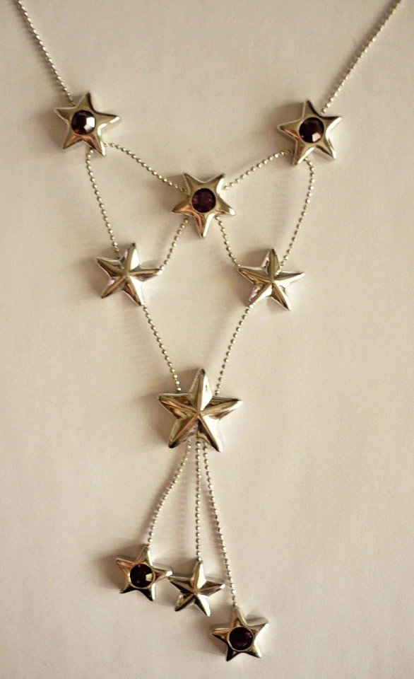 40 - 47 cm aubergine silber Statement Collier Strass Kette Stern ModeSchmuck NEU - Bild 2 von 4