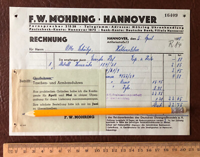 F.W.Möhring Hannover 5.4.1940 Rechnung Artillerie Straße Uhr Taschenuhr  1602