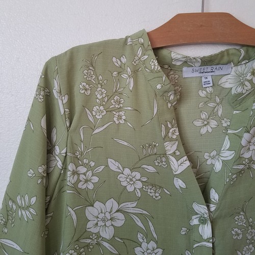 Sweet Rain Womens 1X Floral Tiered Top Button Front Cottagecore Boho Lace Green - Picture 3 of 9
