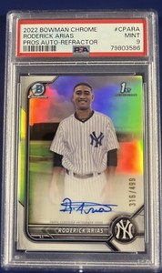 2022 BOWMAN CHROME PROSPECT AUTO REFRACTOR #CPARA RODERICK ARIAS RC #/499 PSA 9