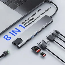 8in1 USB C Hub Type-C 100W PD Charger 4K HDMI RJ45 Adapter for Macbook Pro Air