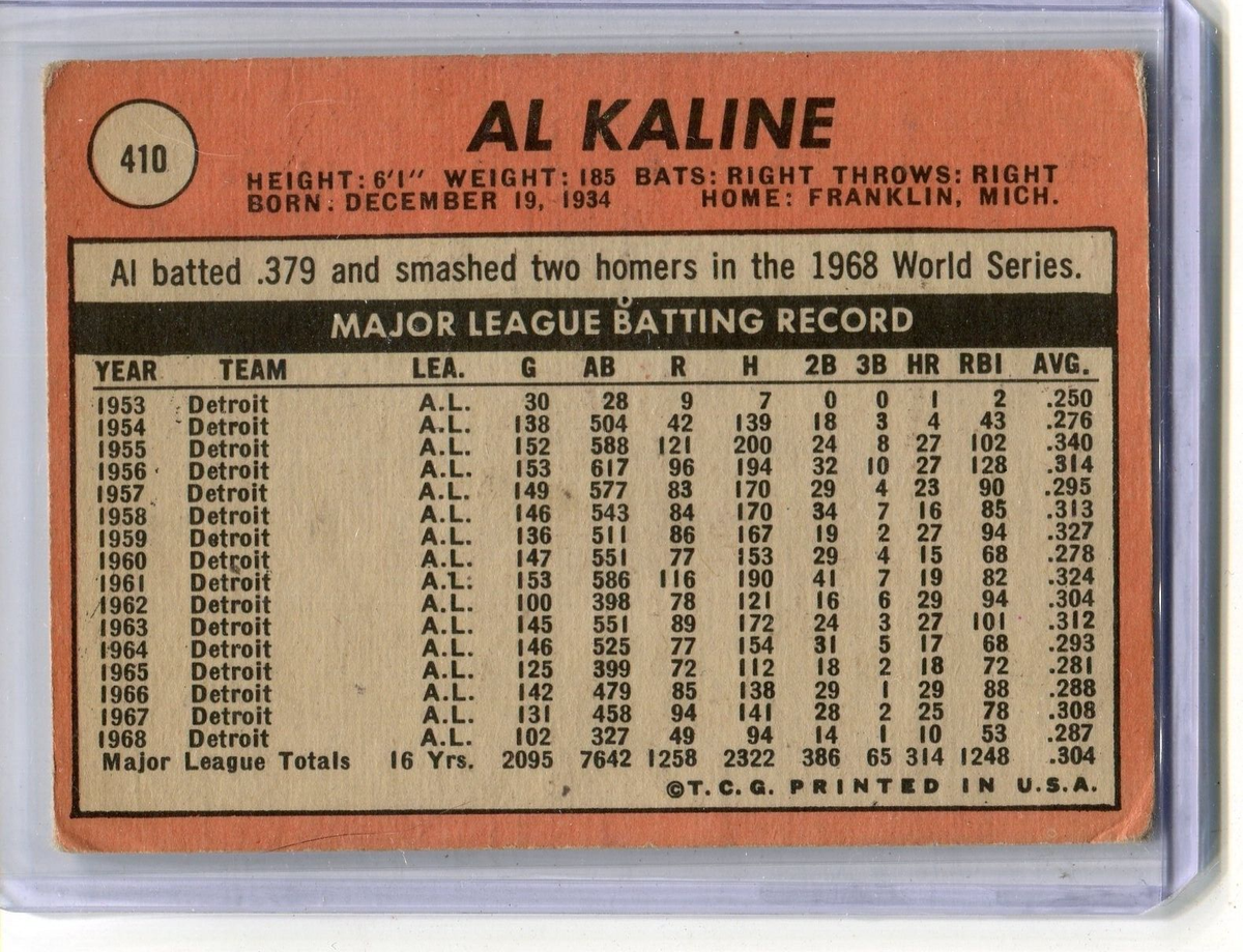 AL KALINE DETROIT TIGERS 1969 TOPPS MLB BASEBALL CARD #410 | eBay