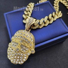 Hip Hop Gold Tone Santa Clause Pendant Iced Cubic Zirconia Cuban Chain Necklace