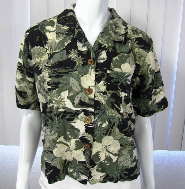 TOMMY BAHAMA 100 Silk Women's Camp Shirt Size S Small Green Floral