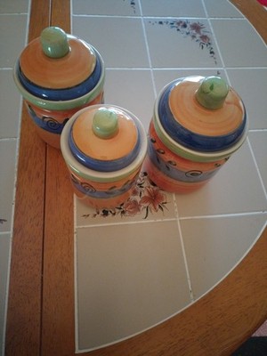 Lots of 3 hand painted ceramic canister a Compliment of W. S. S memorabilia. 