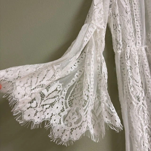 Womens White Lace Long Duster One Size Sheer Tassels Dainty Coquette Wedding - Image 4 of 4