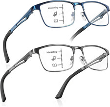 Unbreakable Progressive Reading Glasses Men Multifocus Metal Full Frame, Blue Li