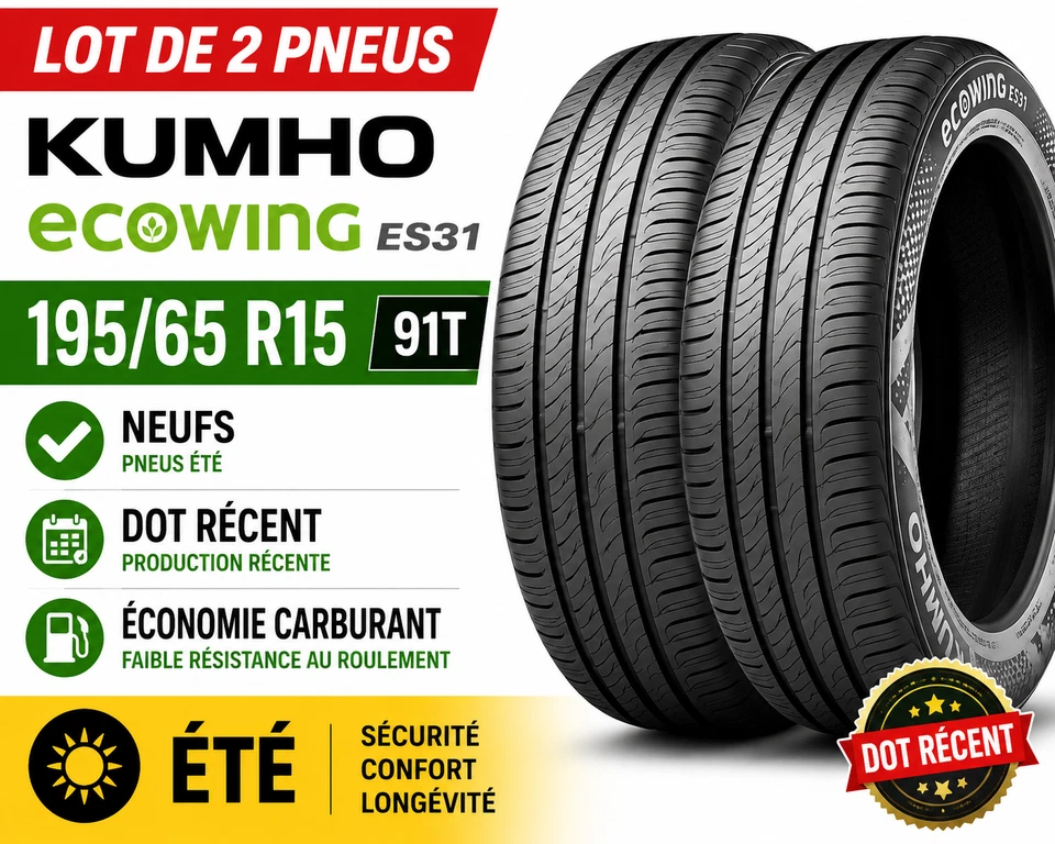 2 Pneus KUMHO Ecowing ES31 195/65 R15 91T Été Neufs DOT Récent - Photo 1/1