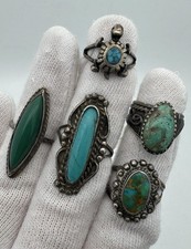 5 Vintage / Antique Sterling Silver Rings Turquoise