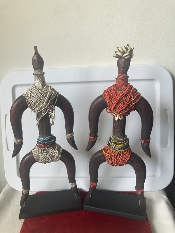 Singita South Africa Wood Carved Beaded Shell Pair Fertility Statues Figures