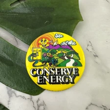 Vintage 70s PG&E Conserve Energy Pin Back Button Yellow Rainbow Sun Nature