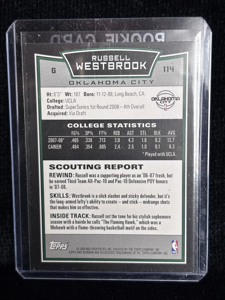 Tarjeta de novato Bowman Russell Westbrook 2008 RC #114 Thunder Nuggets envío gratuito Foto 3 de 3
