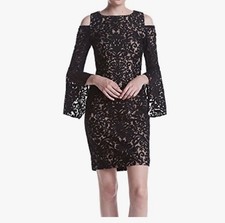Xscape Black/Beige Floral Lace Cold Shoulder A-Line Round Neck Dress Size 8