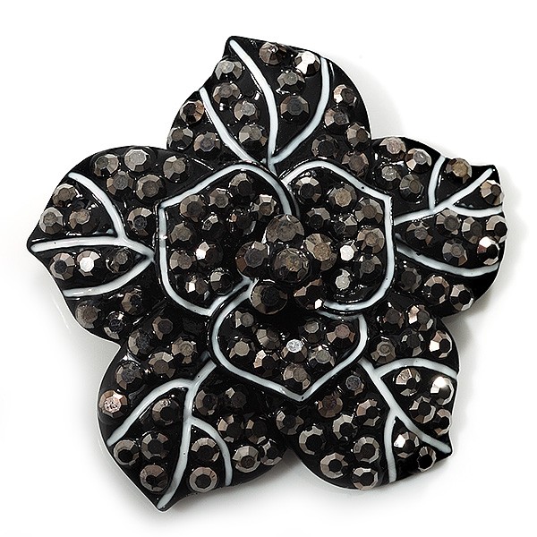 Black Crystal Flower Brooch (Gun Metal)