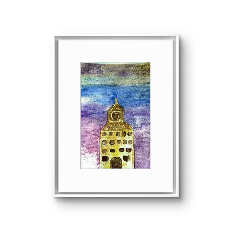 Golden Tower Sunset Contemporary Expressionist Watercolor Original 5x7 Painting