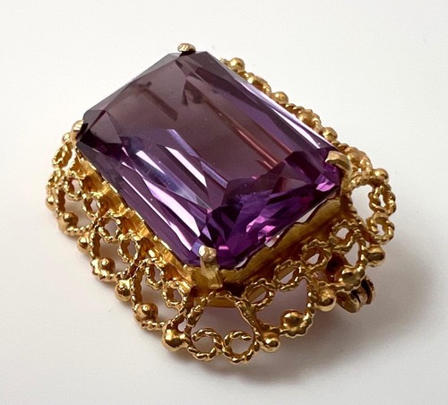 Vintage c1950s French Gilt Filigree & Lab Created Colour Change Sapphire Brooch - Picture 13 of 24