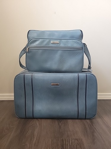 Vintage 70's Samsonite Blue Luggage Set Vinyl Case And Carry On Bag