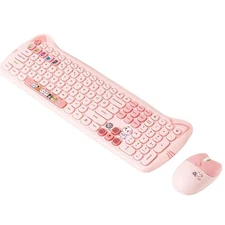 Wireless Keyboard and Mouse Combo, Cute Cat Ear 110-Key Membrane Keyboard and...