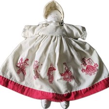 Handmade Folk Art Cloth Doll 17in Redwork Embroidery Mid-Century Hooded D cor