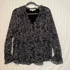  LOFT Multicolor Black Blue Metallic Floral Blouse M