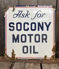 Original Early Vintage SOCONY Motor Oil Gas Station Pump Lubester Porcelain Sign