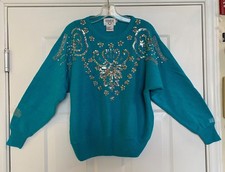 Vintage 80s 90s Embellished Sweater M Turquoise w/ Silver Ramie/Cotton CERVELLE