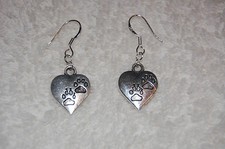Paw Print Heart Dangle Earrings - STERLING silver wire Dog Puppy Animal Lover