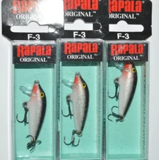 3 lures rapala f-3 floating 1 1/2" 1/16oz f03 s silver minnow lure