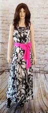 NWT Eliza J Pleated Chiffon Floral Gown Wedding Maxi Dress Black White Pink 10