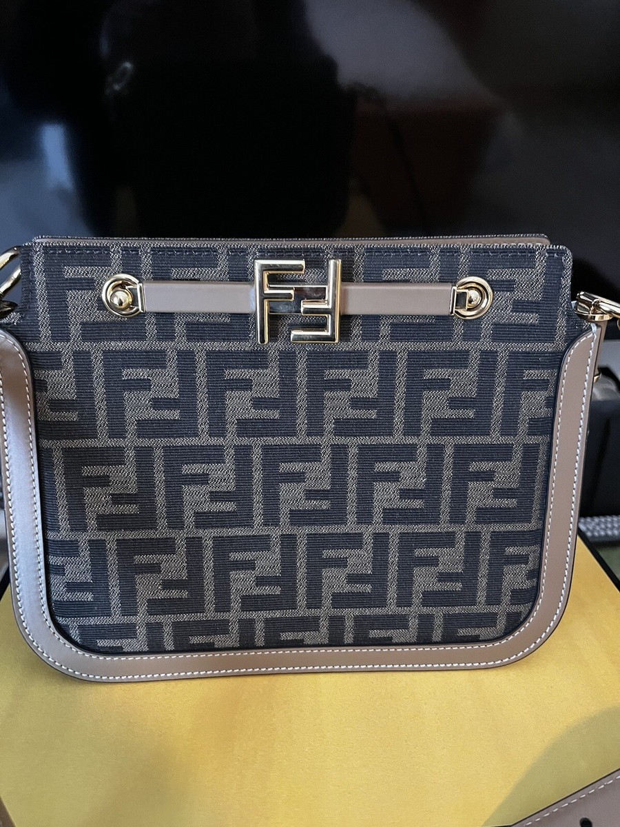 Fendi Touch Shoulder Bag Jacquard Fabric Leather Brown Gold