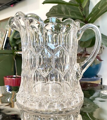 Steimer 1903 EAPG Chickenwire Sawtooth Honeycomb Pattern Ruffle Rim Pitcher
