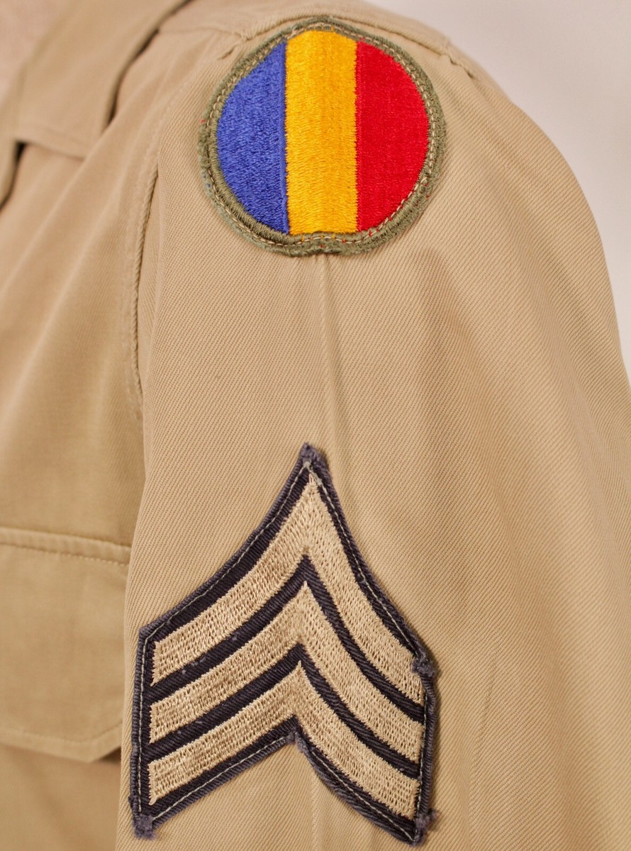 VTG 1940s WW2 US Army Khaki Cotton Uniform Shirt W Patches VTG 1940s WW2 US Army Khaki Cotton Uniform Shirt W Patches