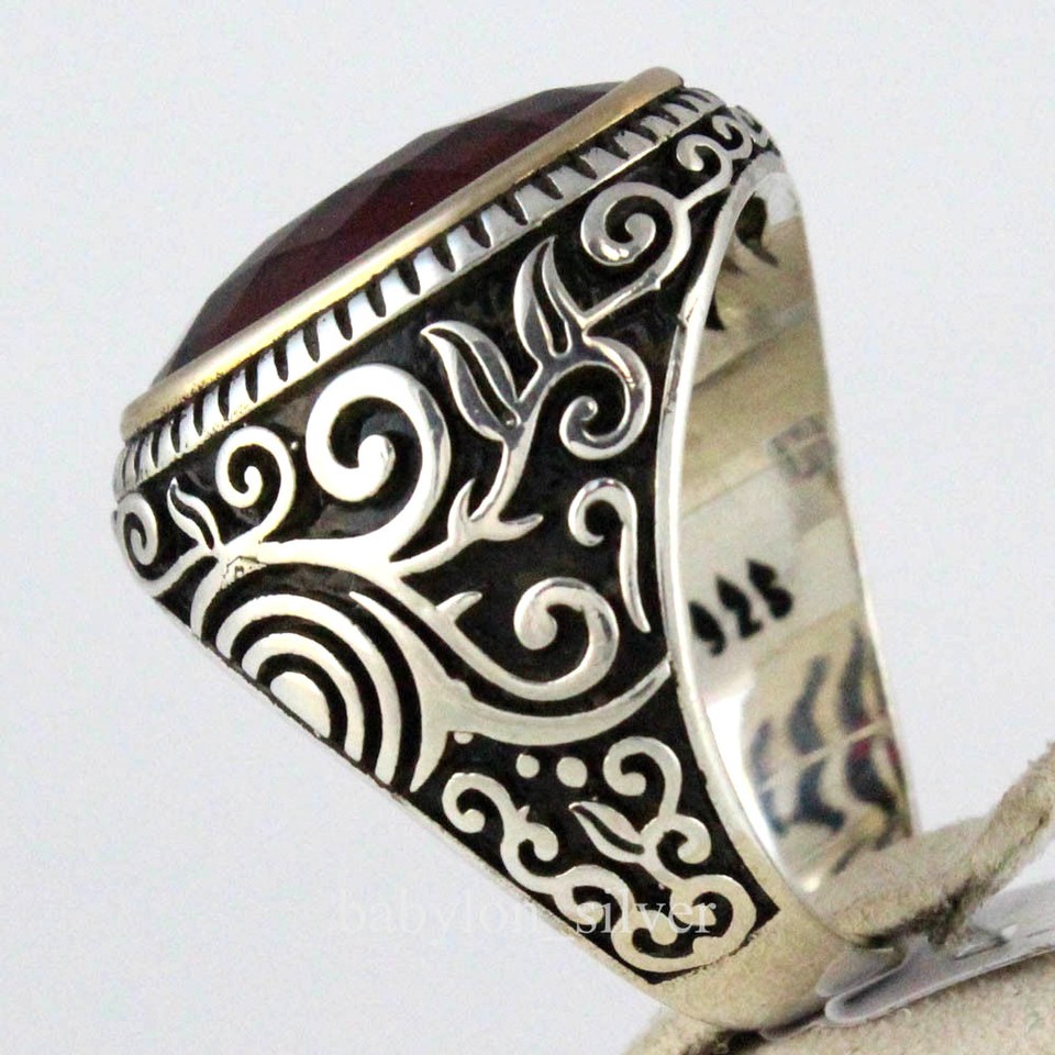 Turkish Handmade Ottoman Jewelry 925 Sterling Silver Ruby Men's Ring