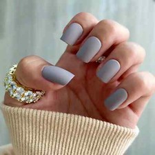 24 Matte Gray Short Press On Nails w/ Glue unique greige grey neutral square