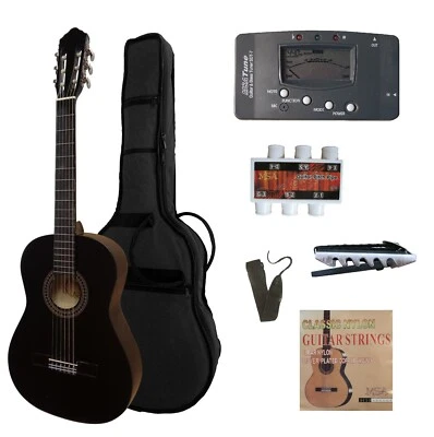 MSA CHITARRA DA CONCERTO 4/4 SINISTRA NERA IN SET CUSTODIA ACCORDATORE ACCESSORI CHITARRA