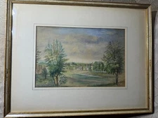 Antique  "Village Landscape Scene" Mixed Media Painting - Framed