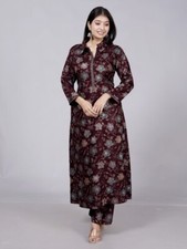 Women  s Maroon Notched Neck Floral Kurti Set Long Ethnic Dress Festive Wear